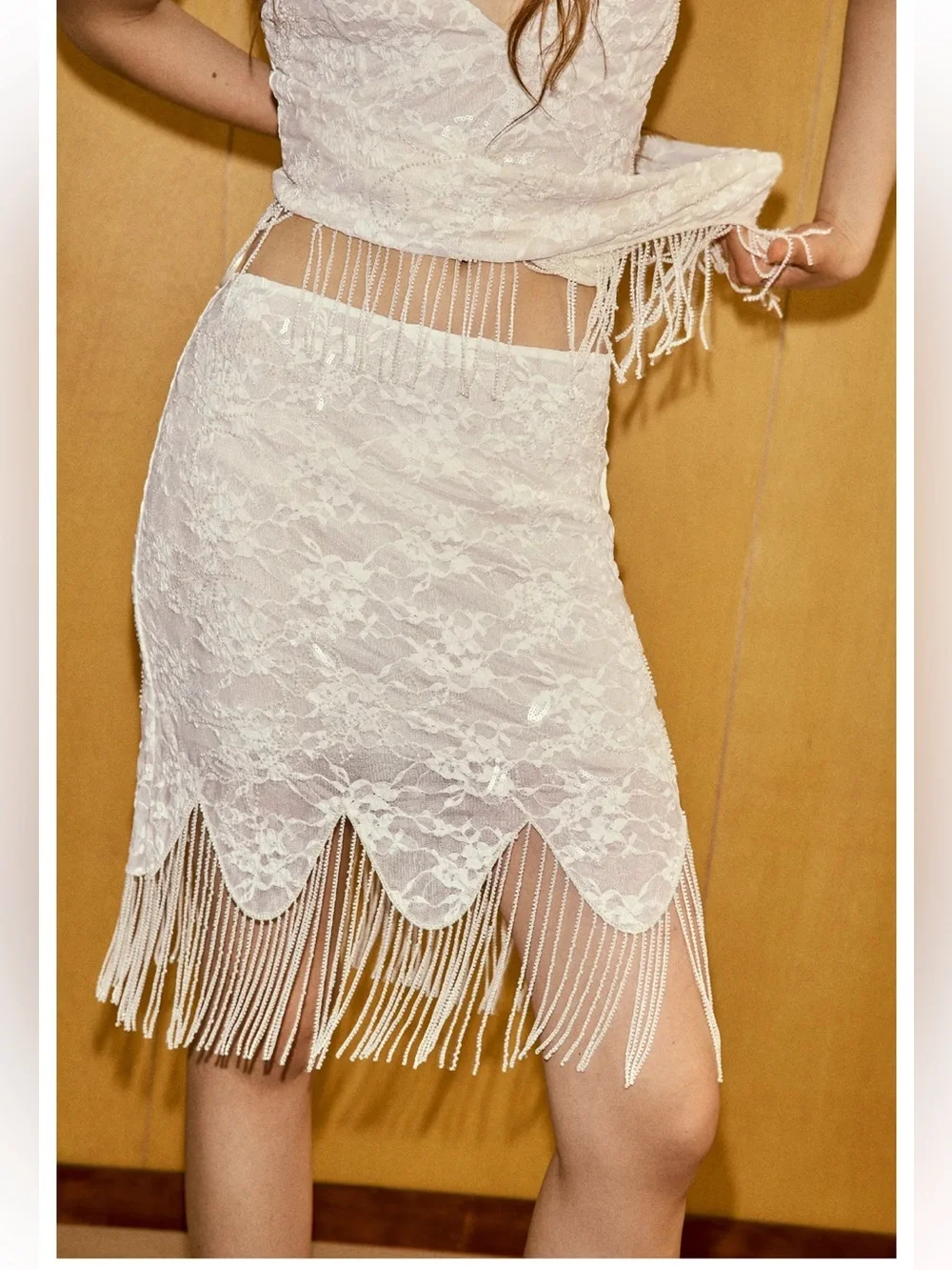 Zara NWT 2 piece top & skirt SET Lace Fringe beaded embellished ivory cream set - Picture 12 of 16